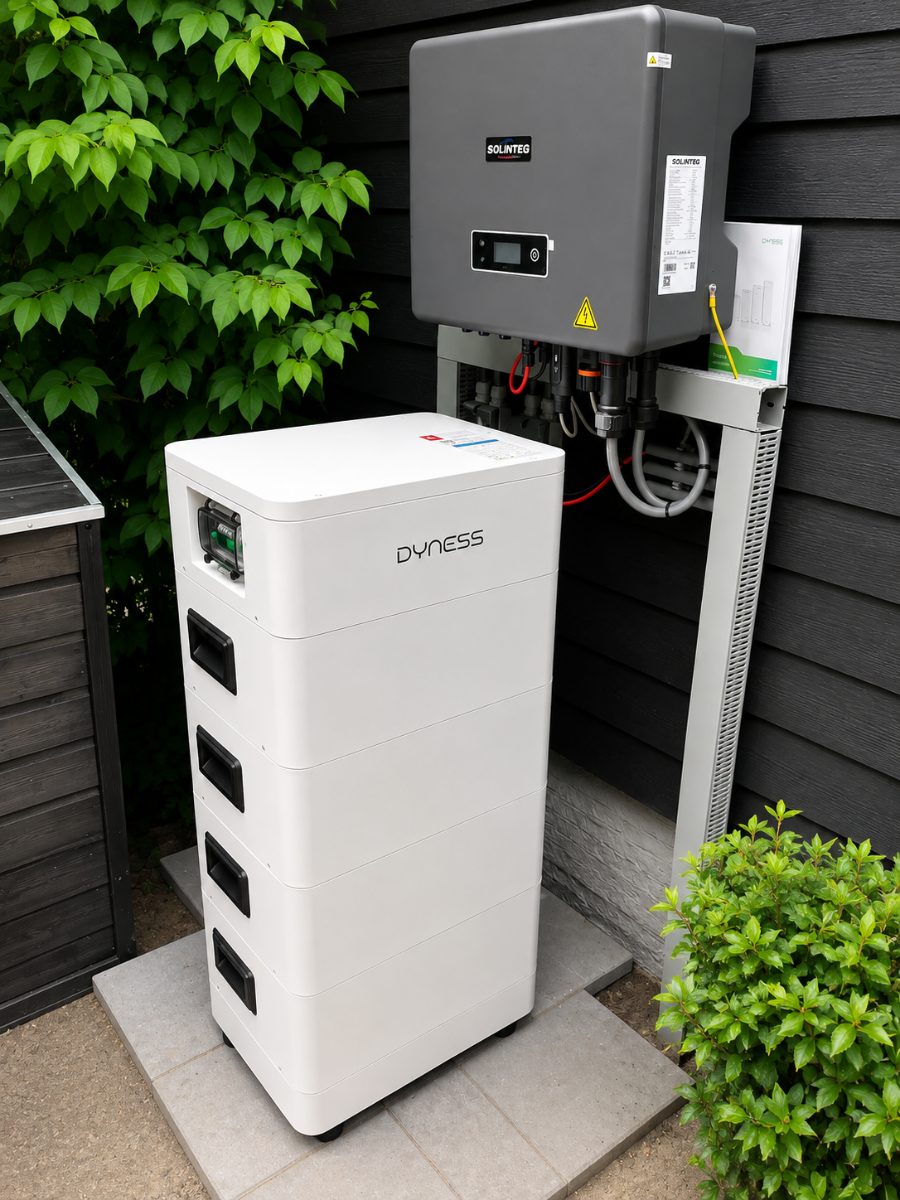 Dyness Tower 14,2 kWh thuisbatterij met omvormer aan de gevel