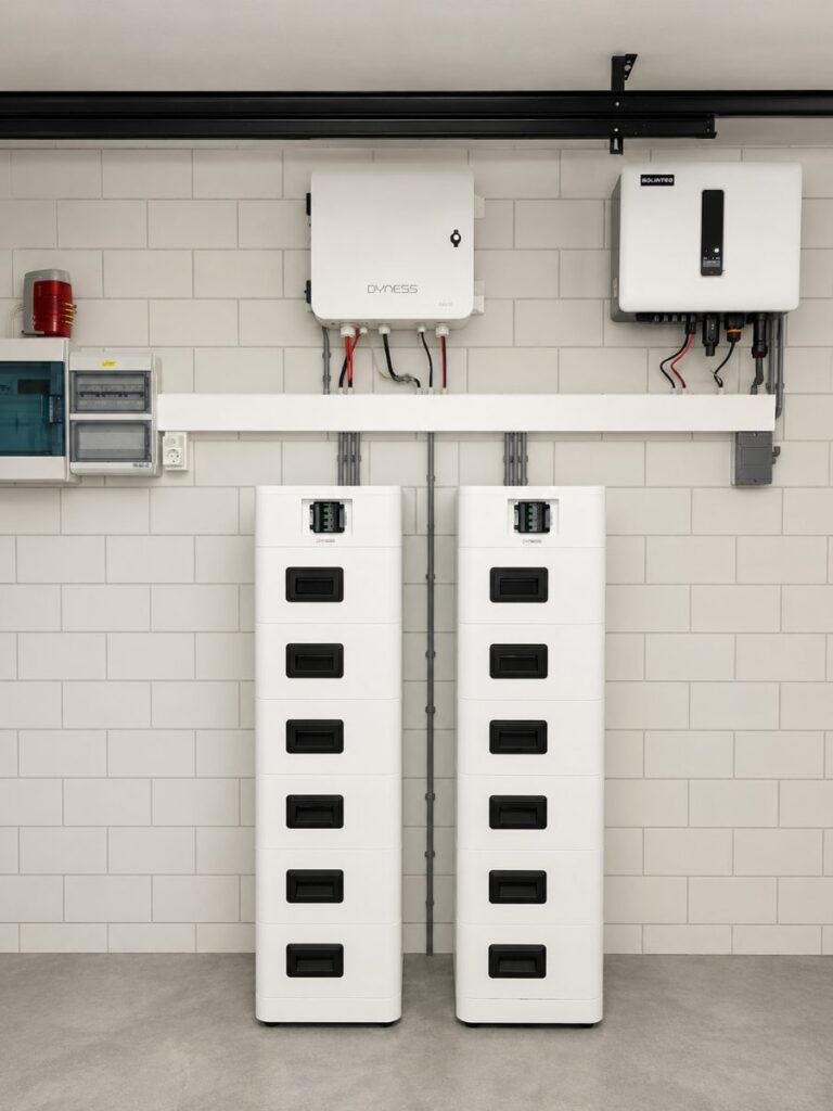 Dyness Tower 42,5 kWh thuisbatterij, dubbele opstelling in een garage