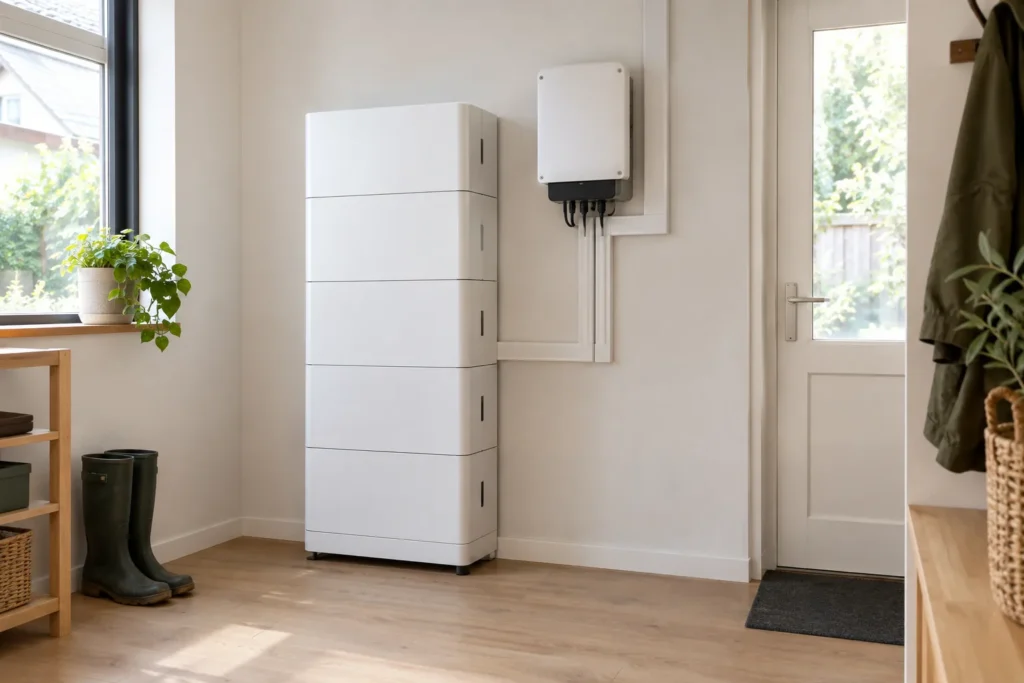 Witte modulaire thuisbatterij met omvormer in een lichte berging van een Nederlandse woning