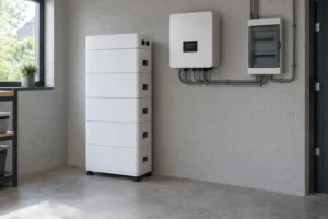Vast geïnstalleerde thuisbatterij met hybride omvormer en groepenkast in een nette garage