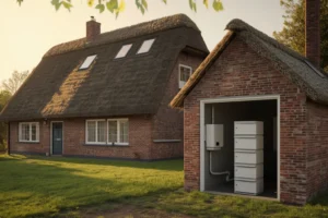 Woning met rieten dak zonder zonnepanelen, met een thuisbatterij en omvormer in de garage